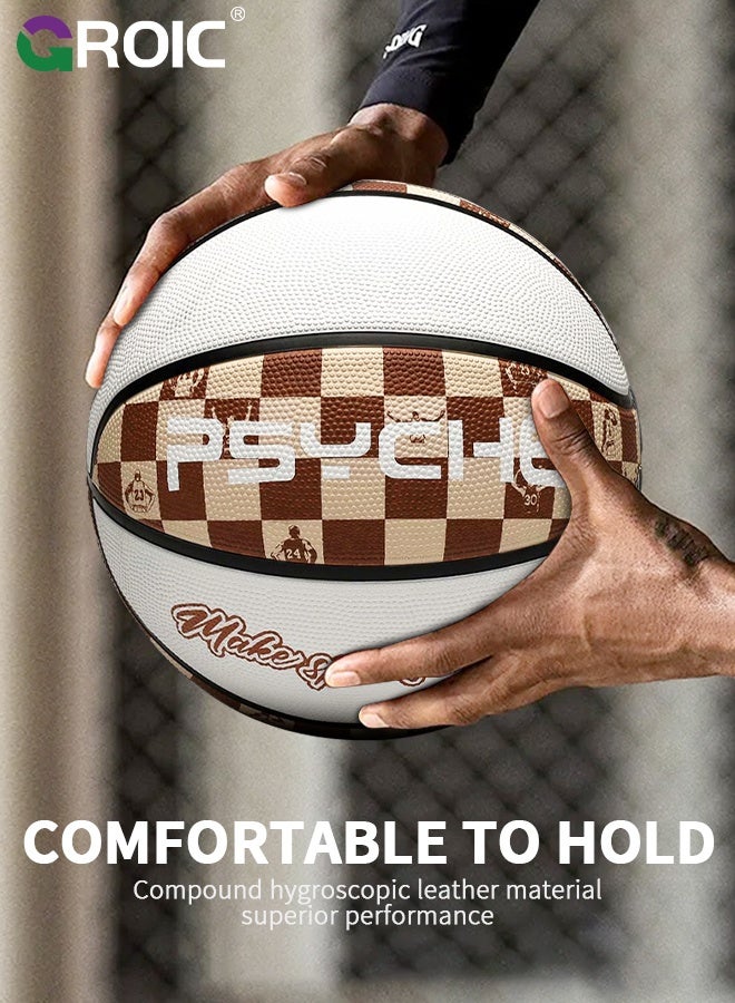 GROIC Basketball,  Classic Checkerboard Size 7 Basketball, Brown and White Design, Deep Channel Construction and Durability, Perfect for Basketball Training and Equipment Practice, Outdoor Rubber Basketballs - Image 5